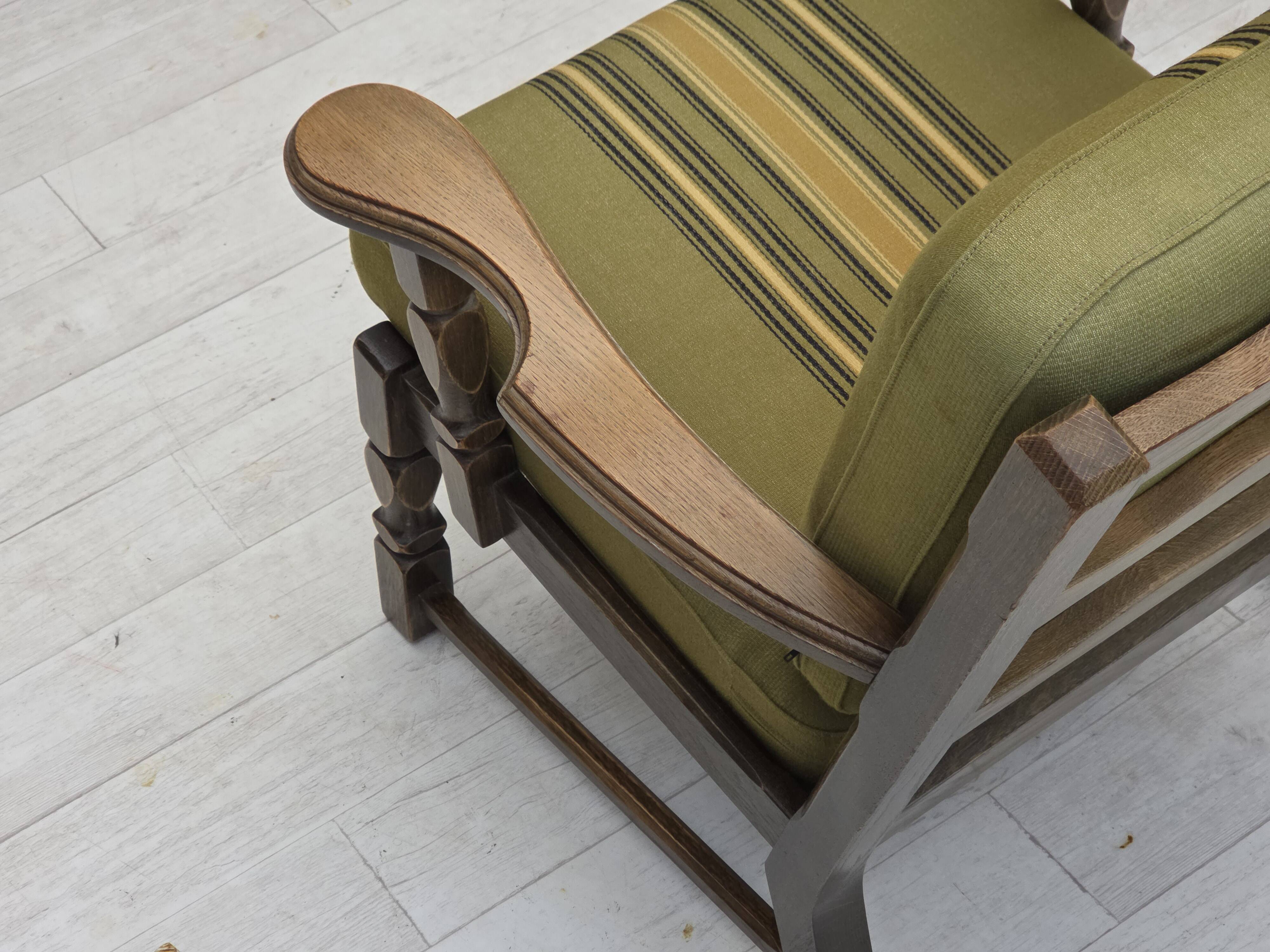 1970s, pair of Danish armchairs, original green furniture wool, oak wood.