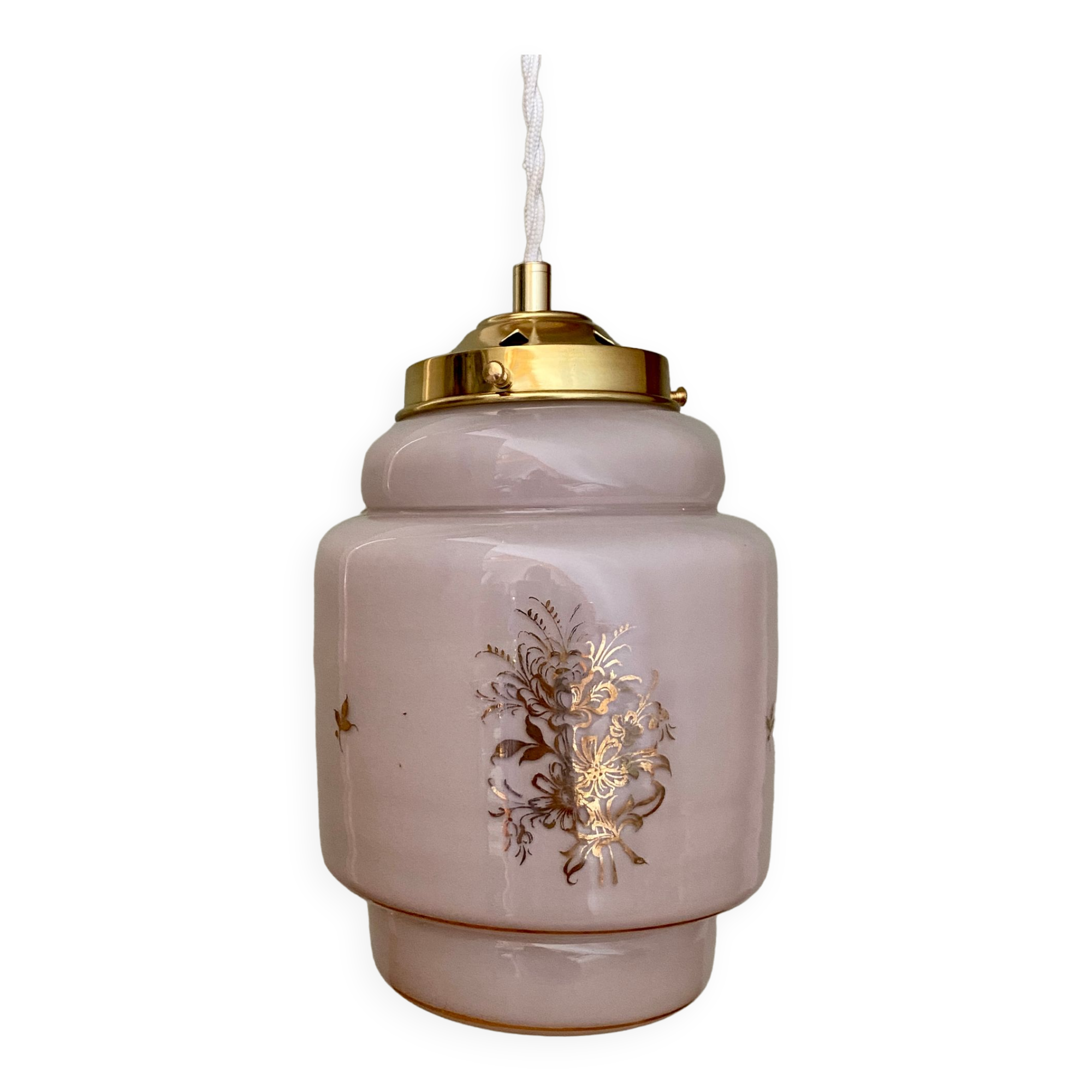 Vintage pink opaline globe pendant lamp with gold designs