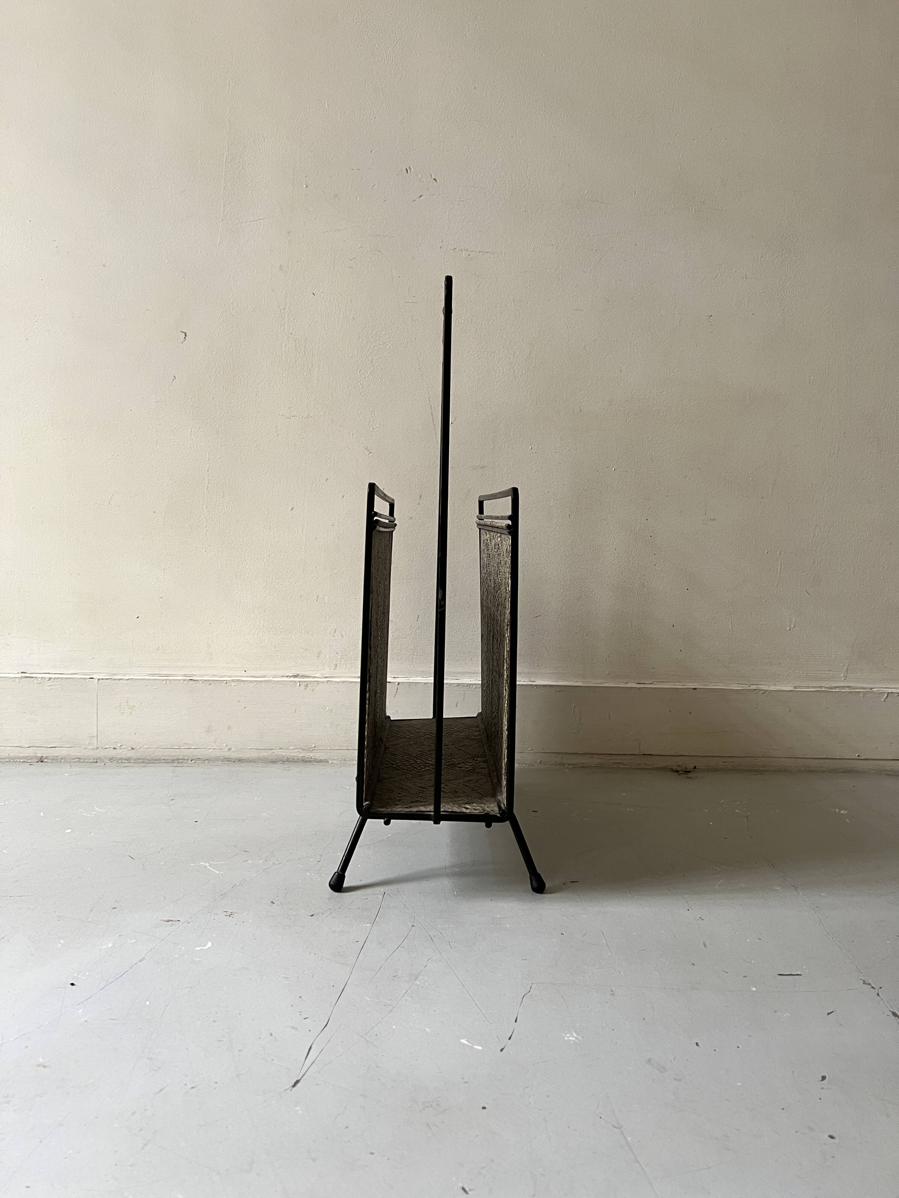 1970s design magazine rack in metal and python leather