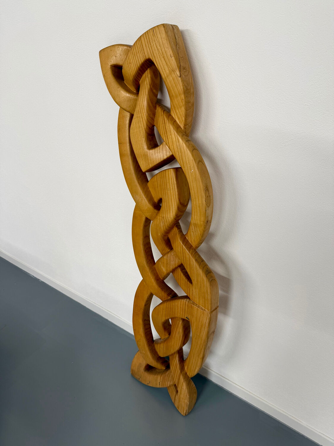 Twisted solid wood sculpture, vintage 1970s design.