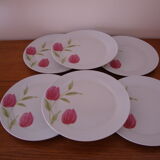 6 white porcelain dessert plates decorated with pink tulips