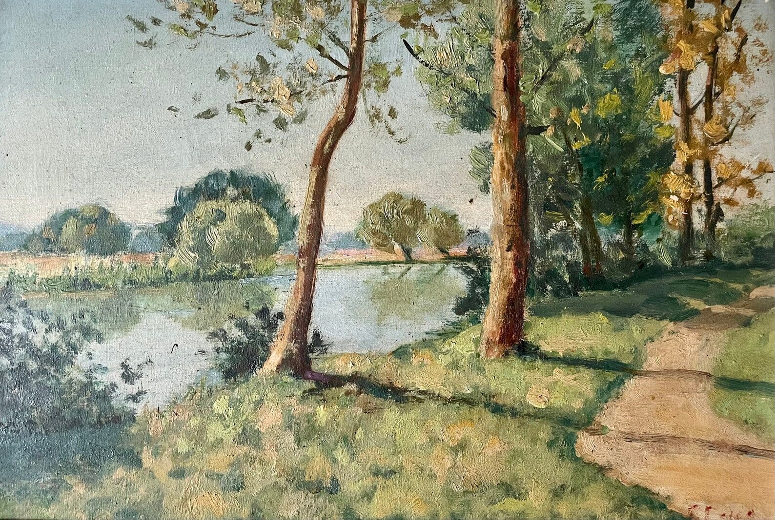 1940s French Landscape oil painting on canvas River, trees and path