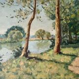 1940s French Landscape oil painting on canvas River, trees and path
