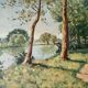 1940s French Landscape oil painting on canvas River, trees and path