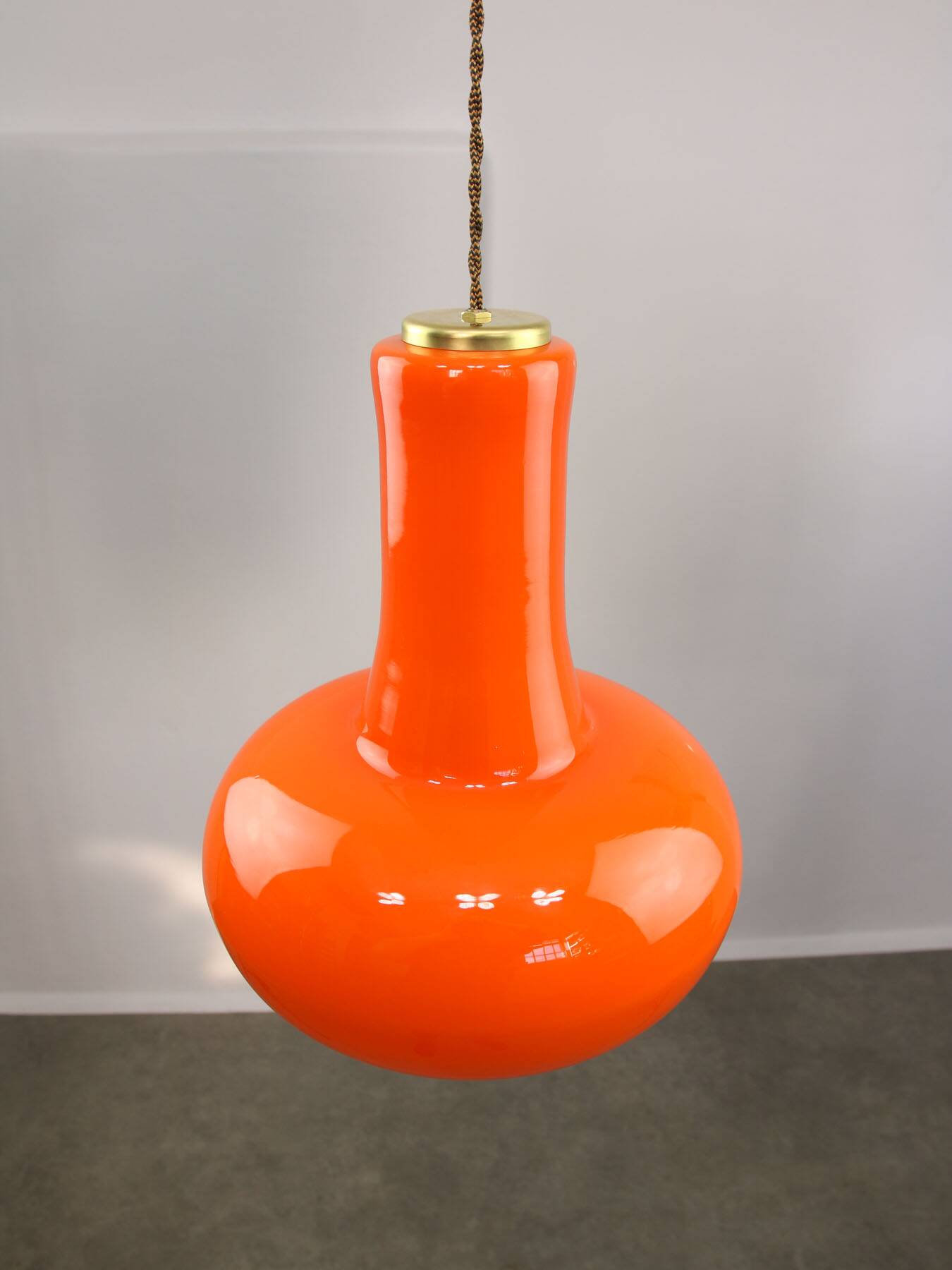 Mid-Century Italian Orange Glass and Brass Pendant Lamp