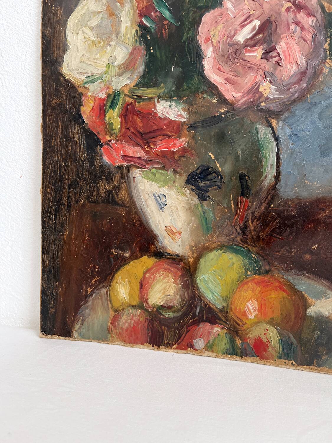 Old oil painting on cardboard bouquet of flowers and fruits