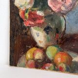 Old oil painting on cardboard bouquet of flowers and fruits