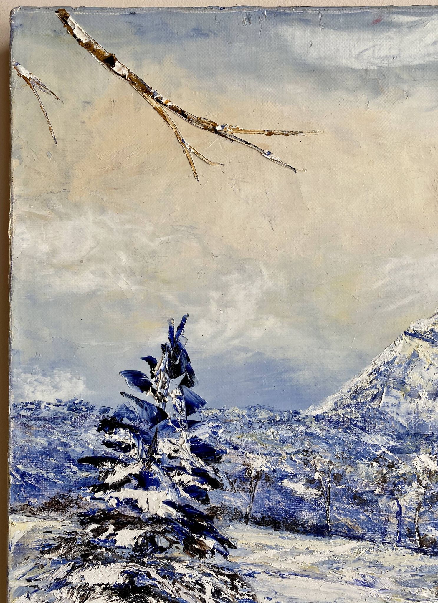 Ancient painting, winter landscape in Auvergne, signed, 20th century