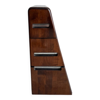 Dark wood triangular aircraft cabinetry 3-drawer unit, curved wooden aviation cabinet