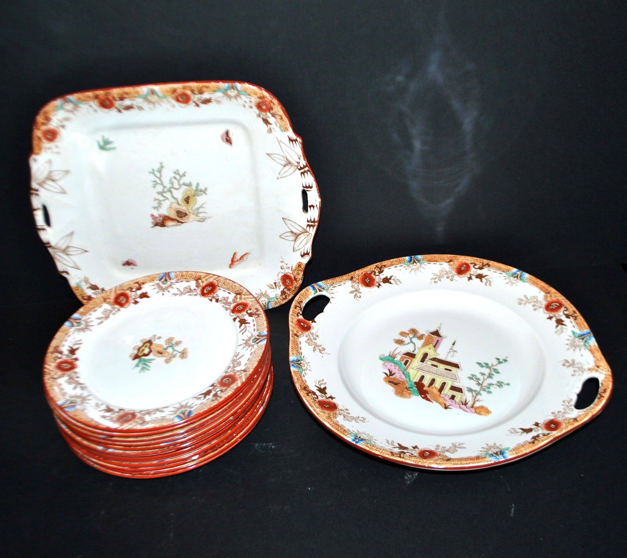 Sarreguemines dessert service 12 plates opaque earthenware bamboo polychrome Asian Chinese decor