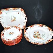 Sarreguemines dessert service 12 plates opaque earthenware bamboo polychrome Asian Chinese decor