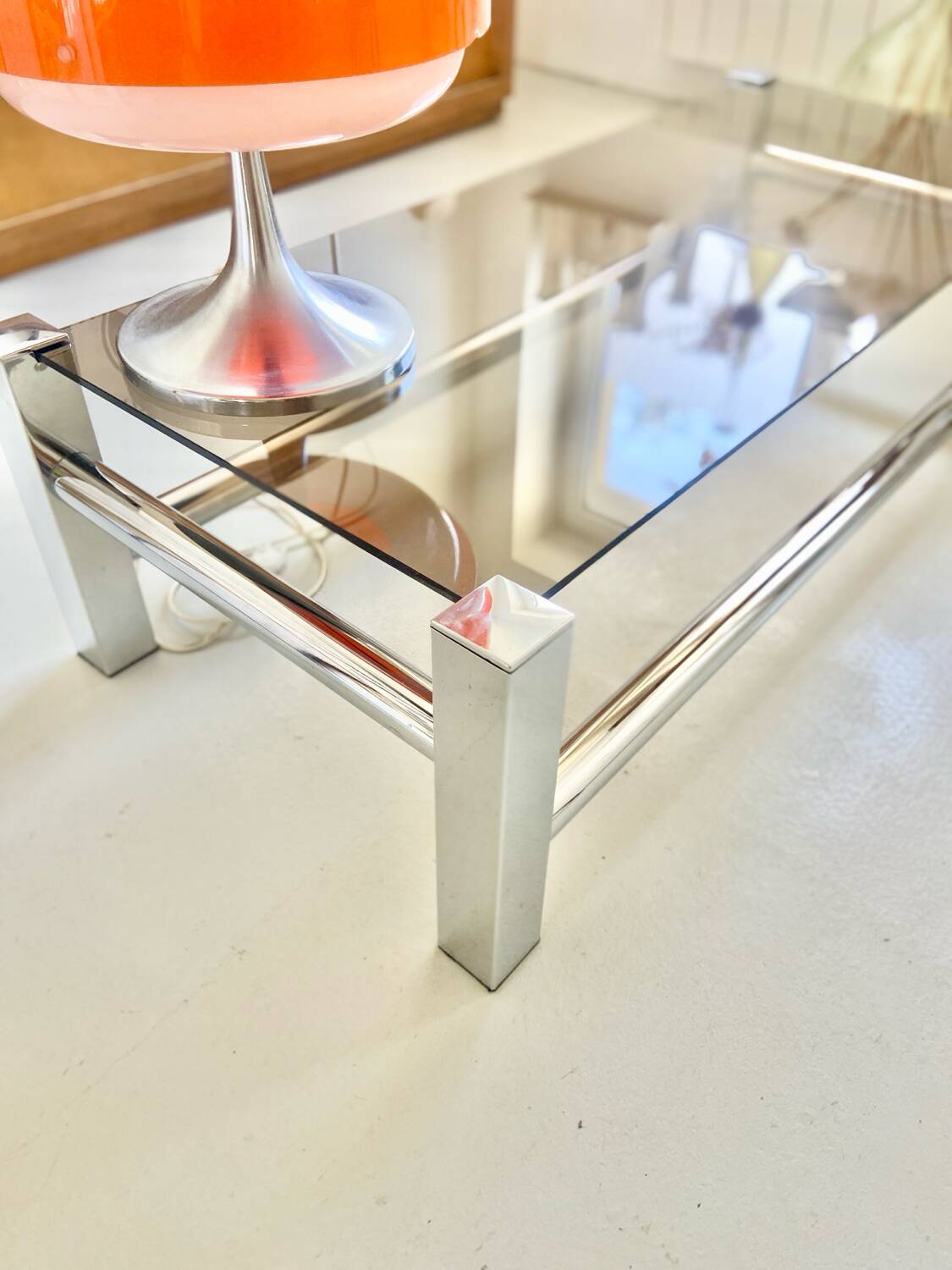 Vintage chrome metal table / smoked glass 1970