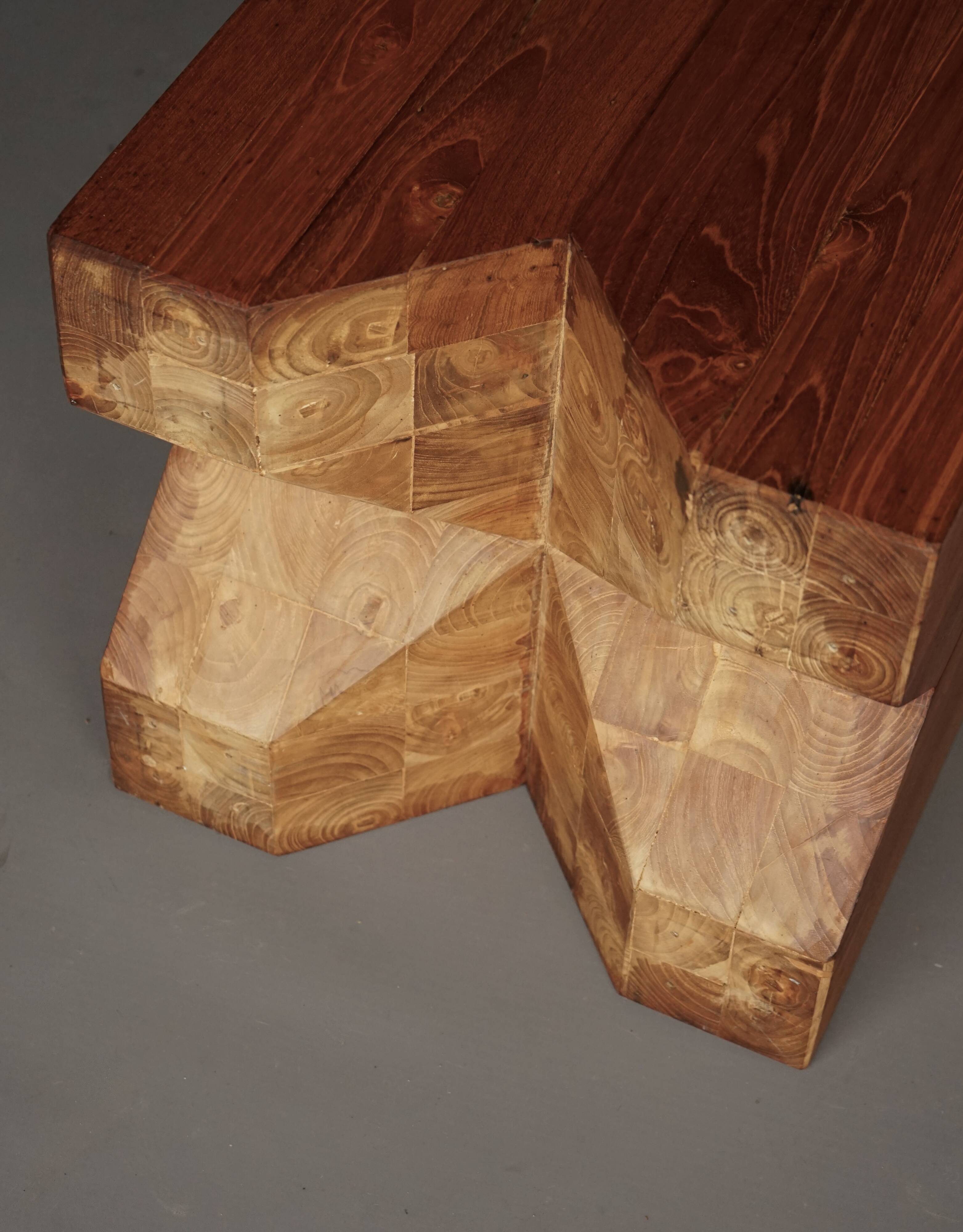 Brutalist solid Teak wood Stool or Side Table. 1990s