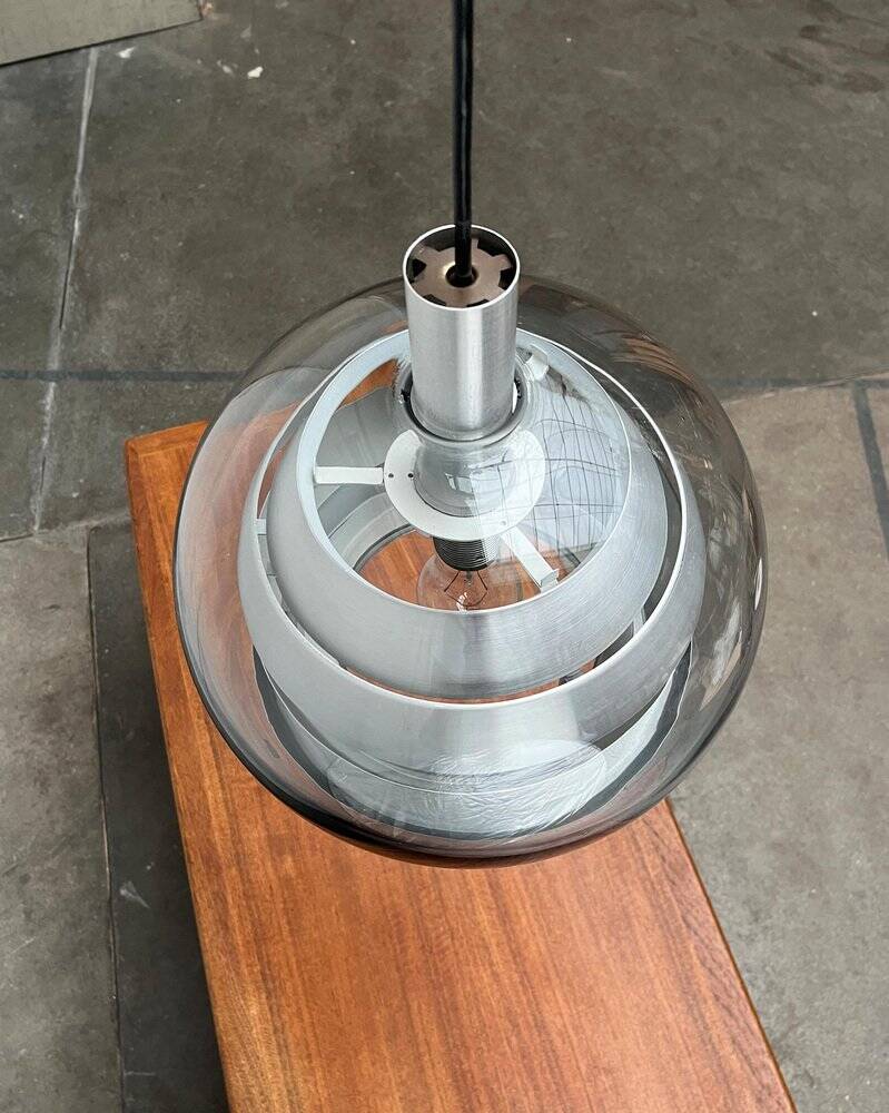 Suspended globe lamp in aluminium and glass in German Space style from the 1960s mid-century by Doria.