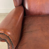 Vintage sheep leather wingback armchair, Druten