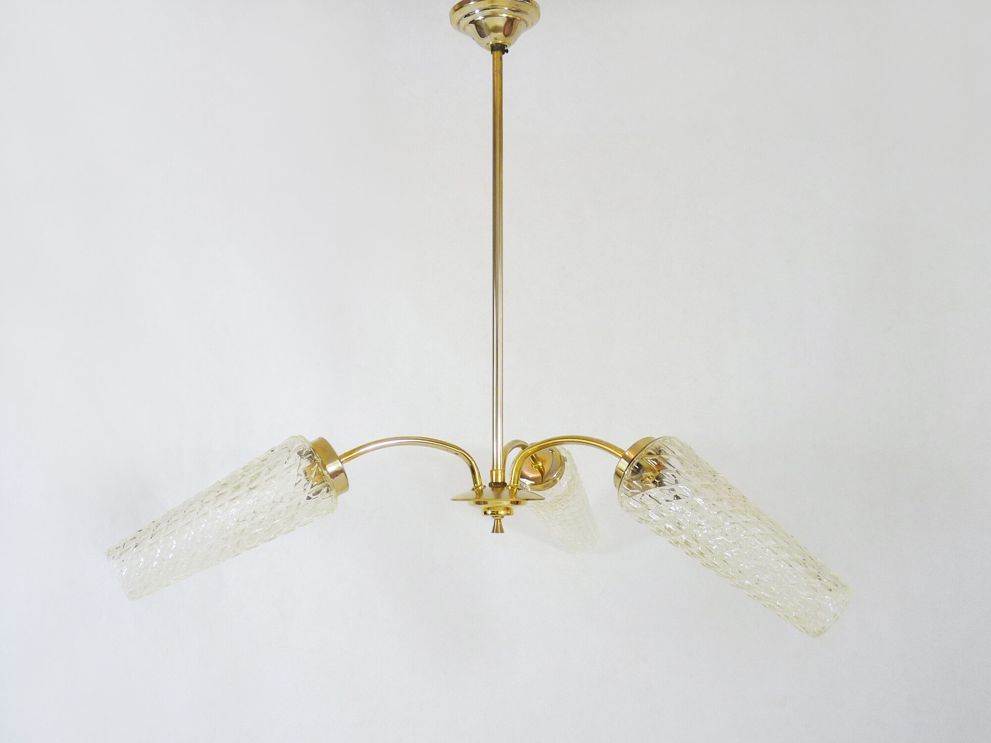Old 3-branched chandelier, brass and chiseled glass tubes, 60s