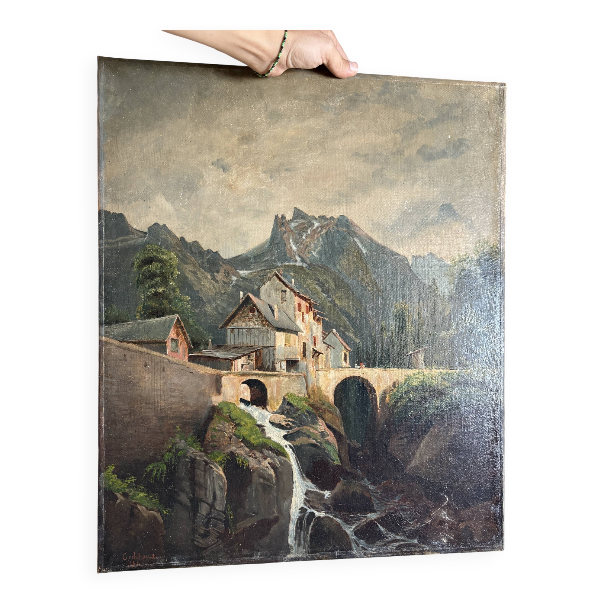 Emile godchaux (1860-1938) old painting, landscape, mountain, river