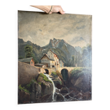 Emile godchaux (1860-1938) old painting, landscape, mountain, river