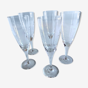 Set of 5 champagne flutes in engraved glass flowers