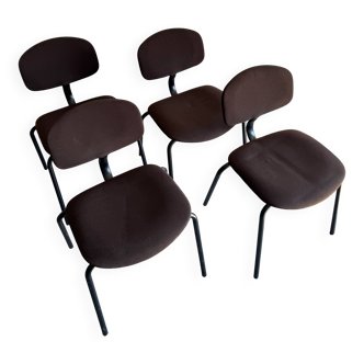 Set of 4 vintage brown textile conference chairs with black metal frames – industrial design