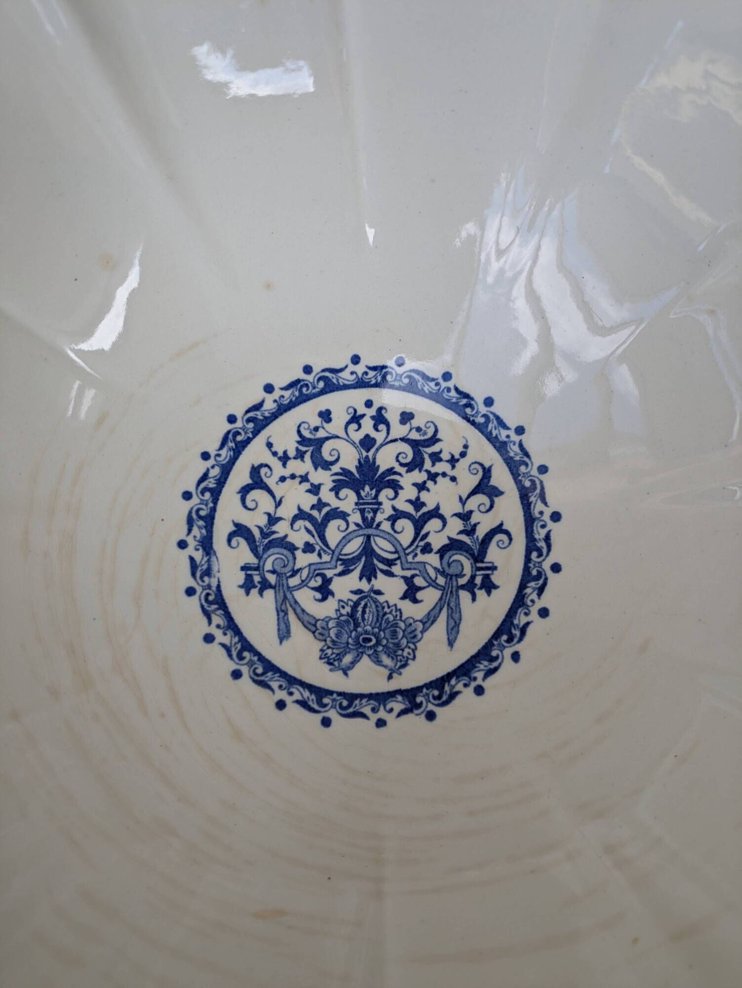 Vintage large salad bowl Gien Rouen model blue arabesques 30x14cm