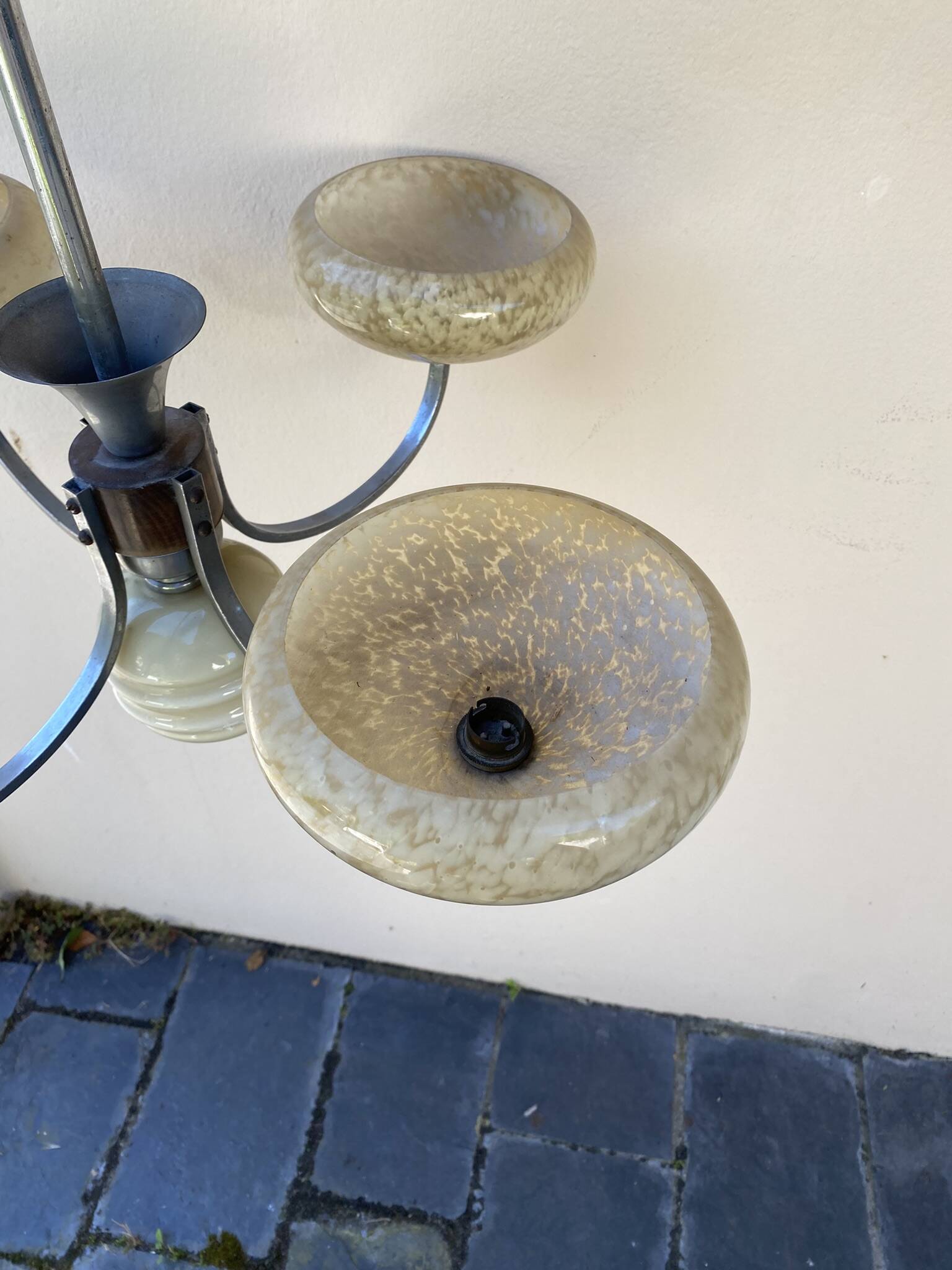 Art Deco opaline wood and metal chandelier