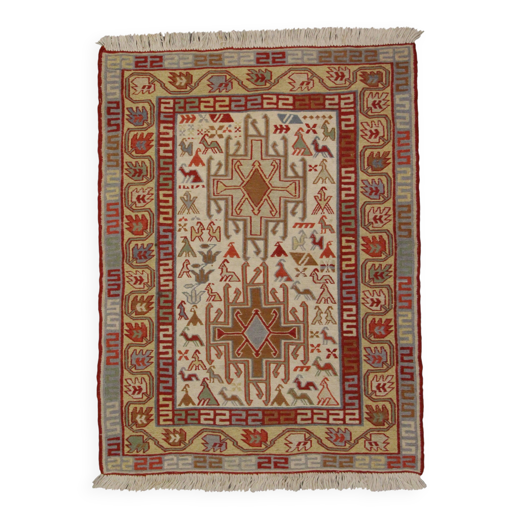Handwoven Sumakh Kilim Rug, Wool & Silk Tribal Flatweave 103 x 73 cm