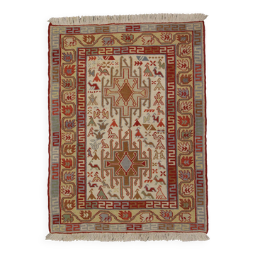 Handwoven Sumakh Kilim Rug, Wool & Silk Tribal Flatweave 103 x 73 cm