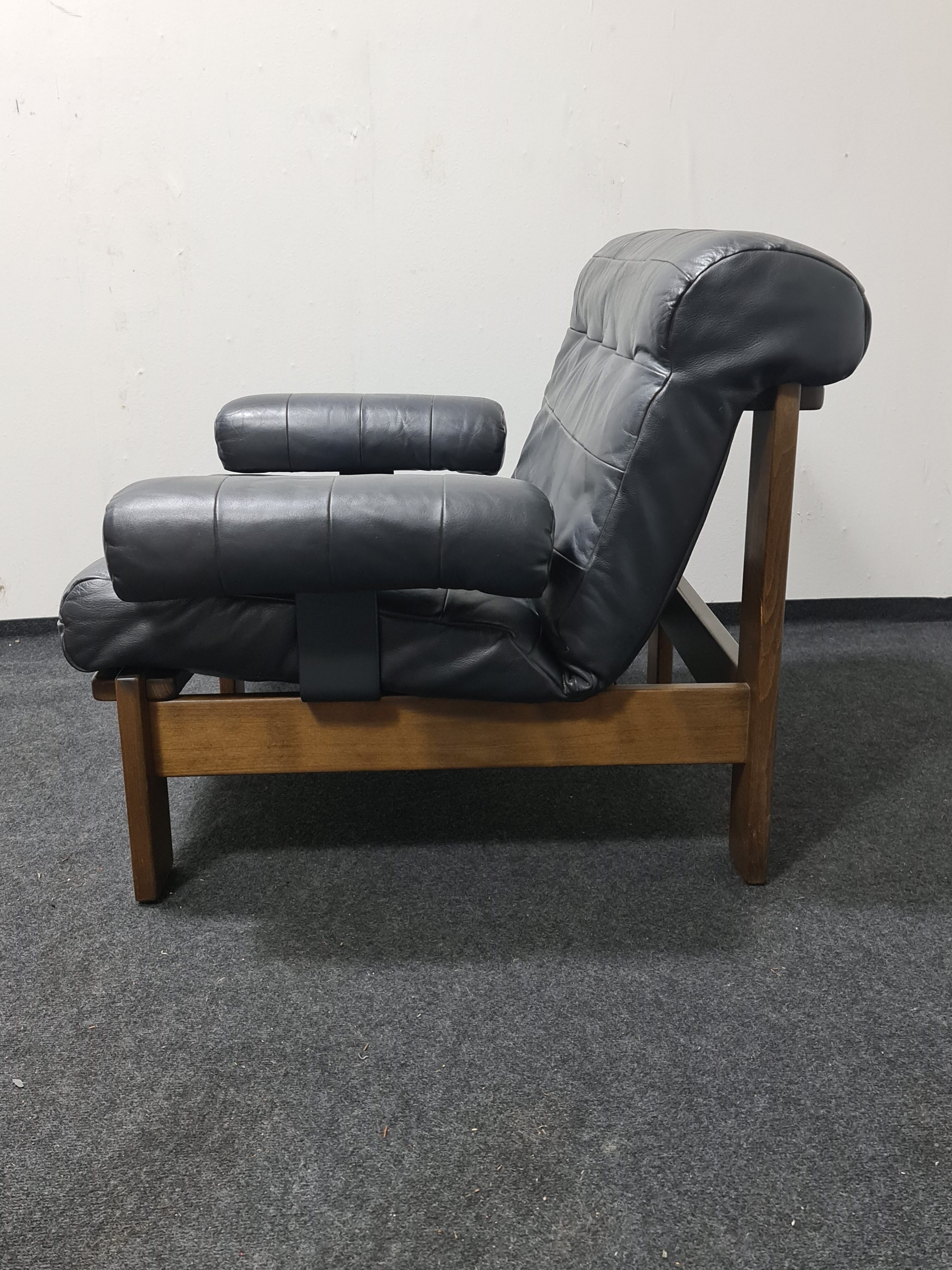 Vintage black leather patchwork and oak lounge chair