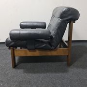 Vintage black leather patchwork and oak lounge chair