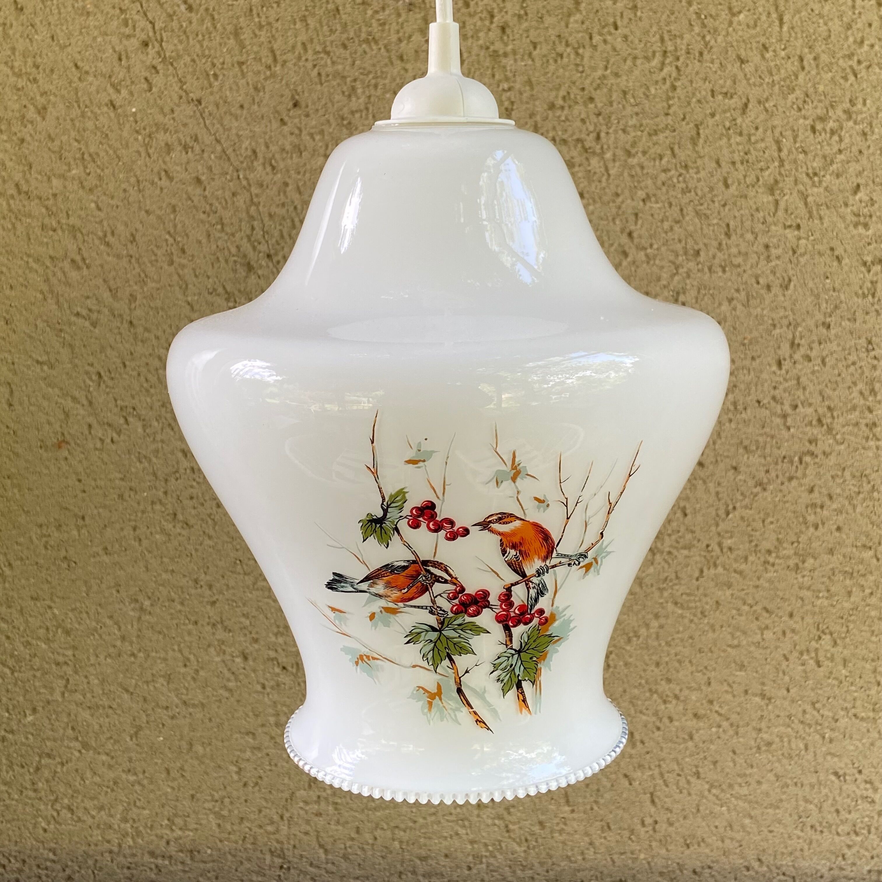 Opaline pendant lamp-Bird decoration-60s