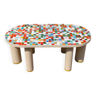 Coffee table in Multicolored Zellige design tubular legs with brass finish