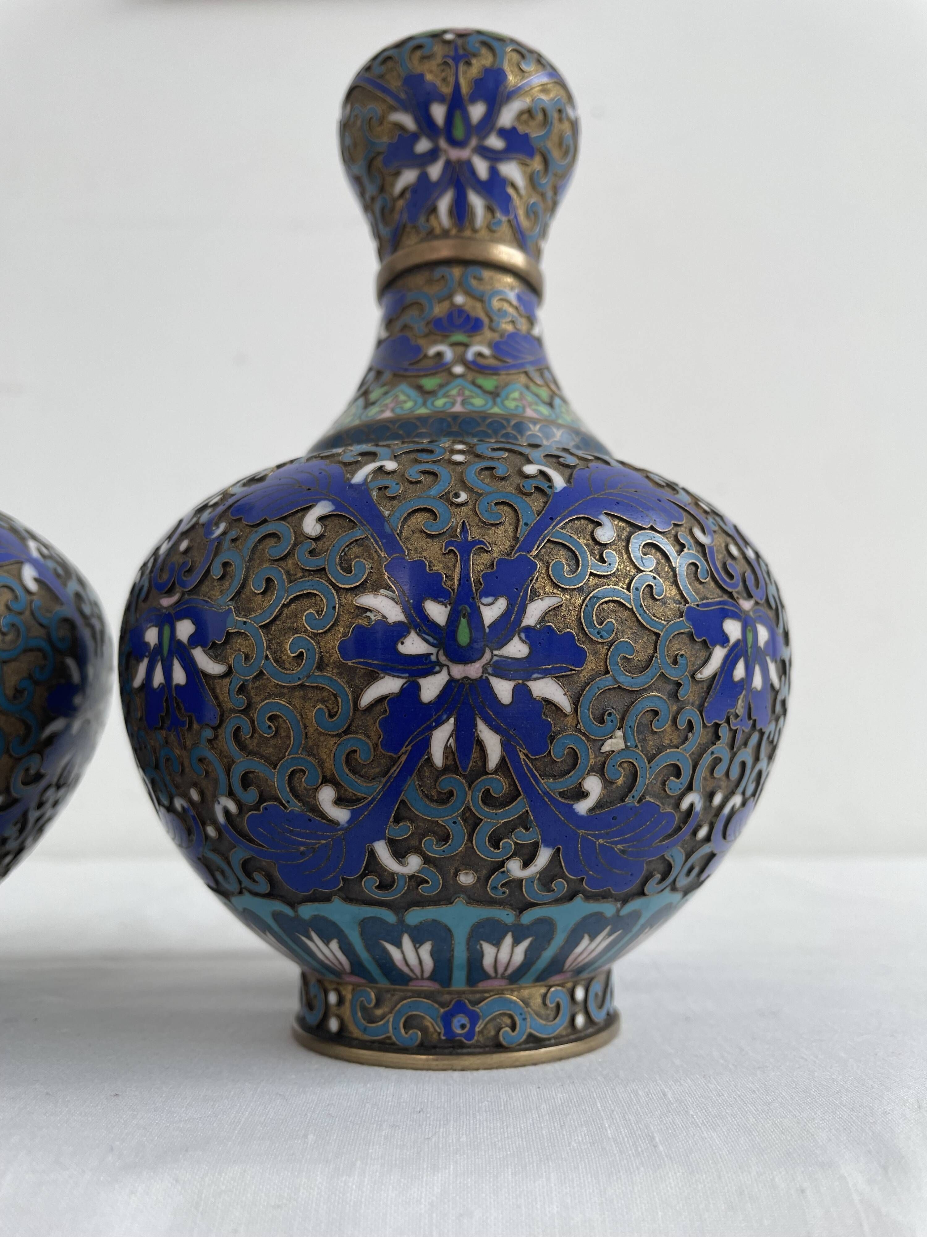 Vintage, pair of vases, Chinese, cloisonné metal, enameled, polychrome floral decor, golden hoop