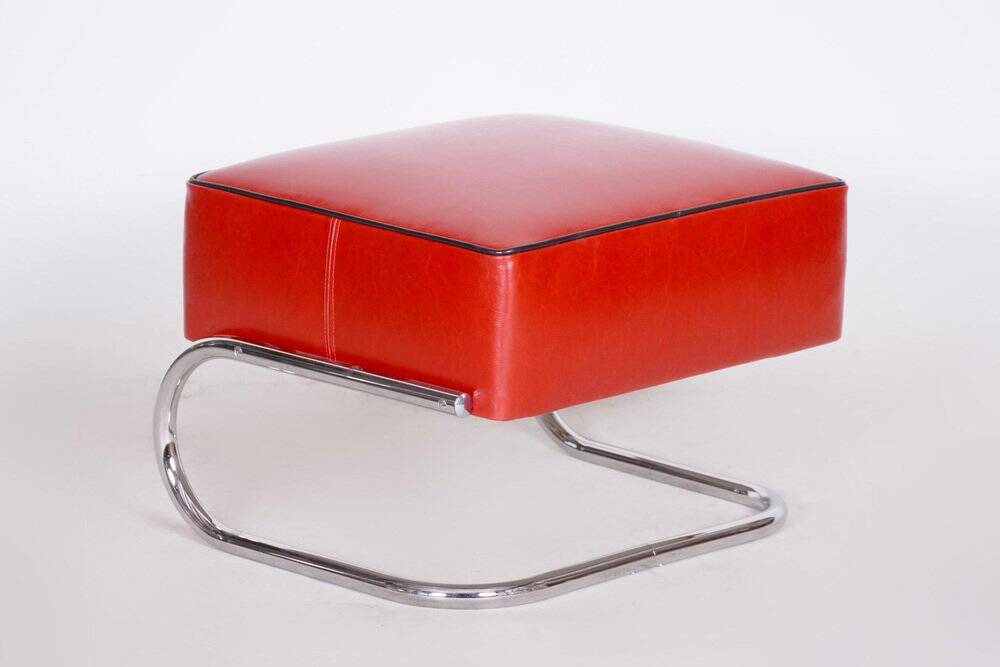 Modern Tubular Stool in Red Leather and Chrome-Plated Steel from Slezák, 1930s