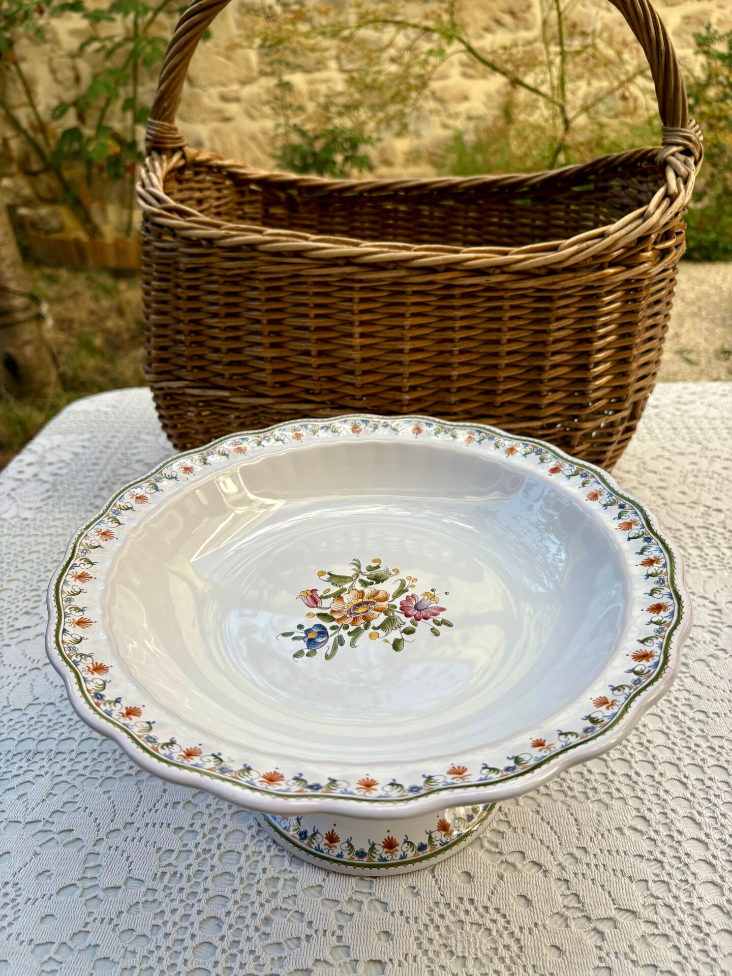 Footed compote signed Atelier Bondil faience from Moustiers