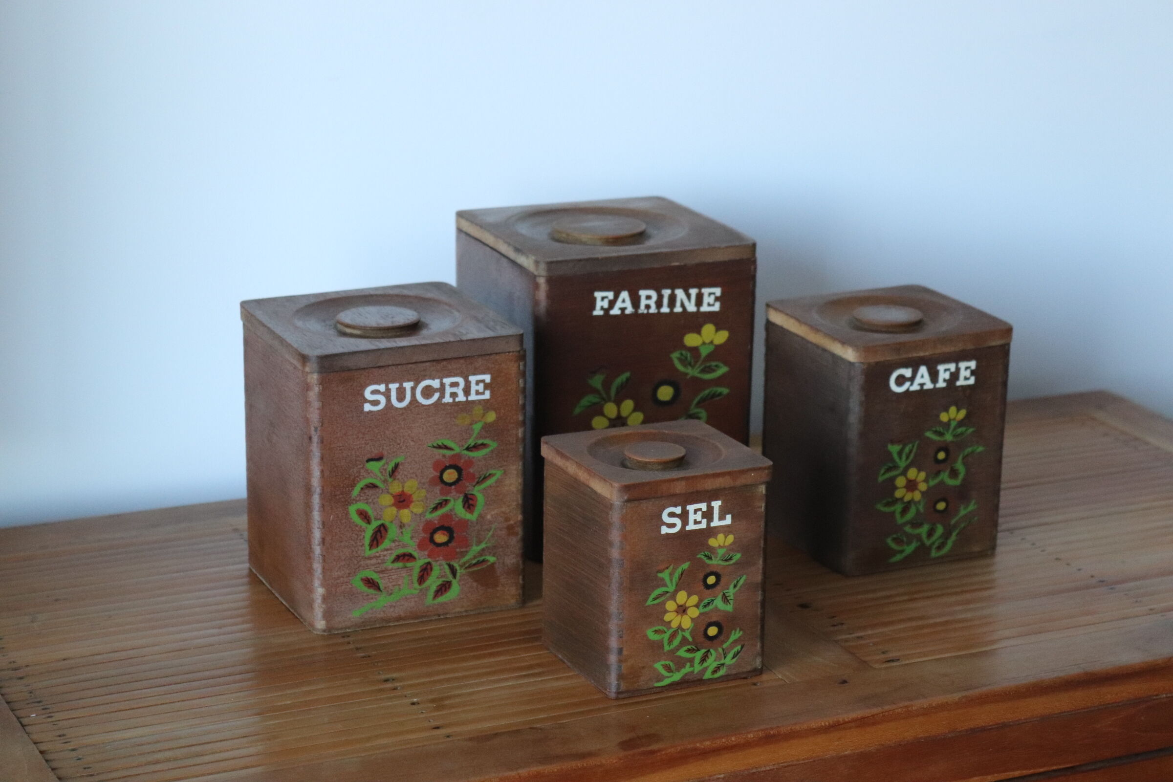 4 vintage wooden spice boxes 70s