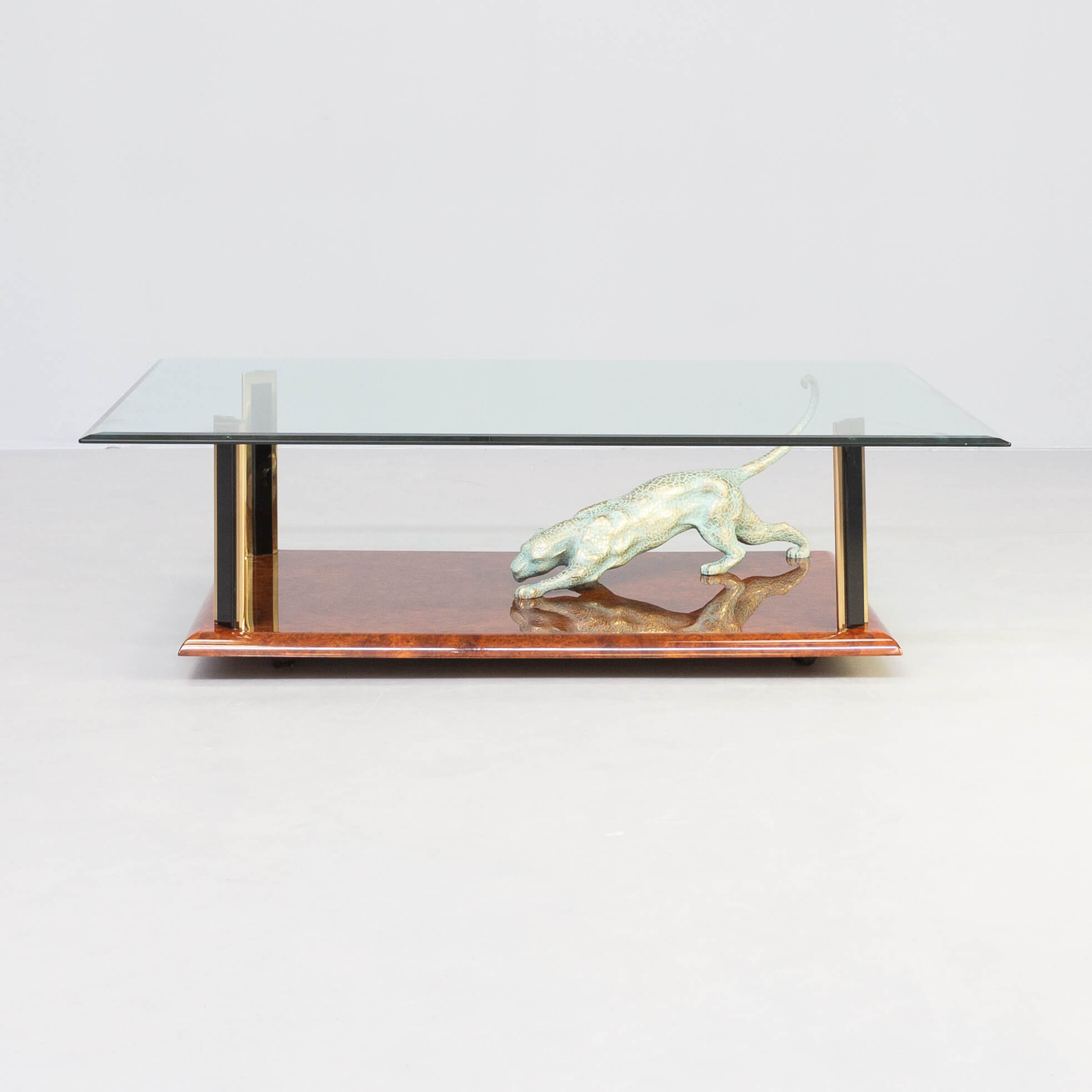 70s Nicola Voci brass sculptural glass panther coffee table