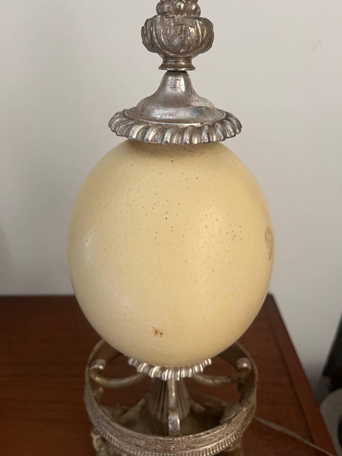 Silver-plated metal and ostrich egg lamp base, late 20th century