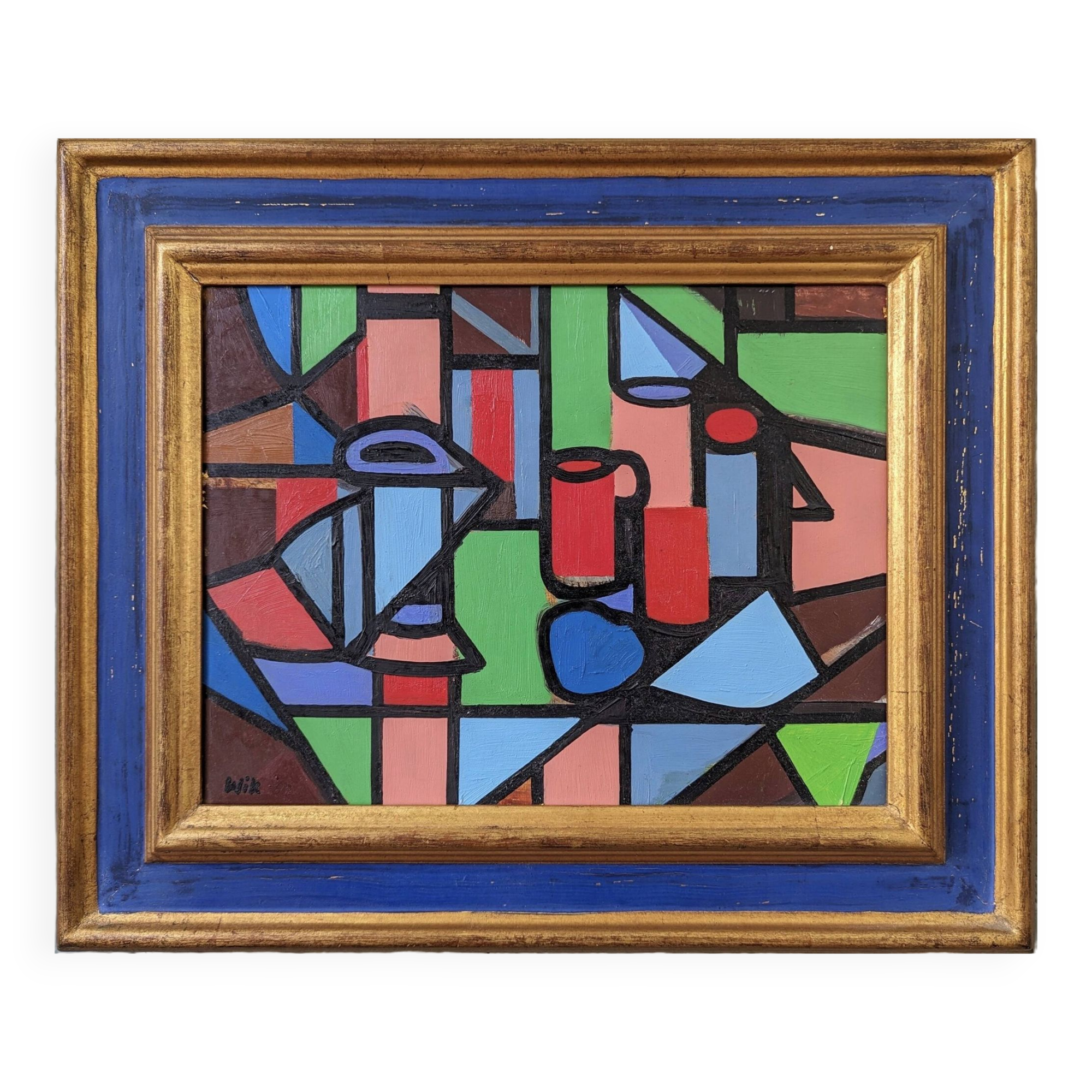 Mid-Century Modern "Geometric Still Life" Vintage Swedish Cubist Still Life Oil Painting, Framed