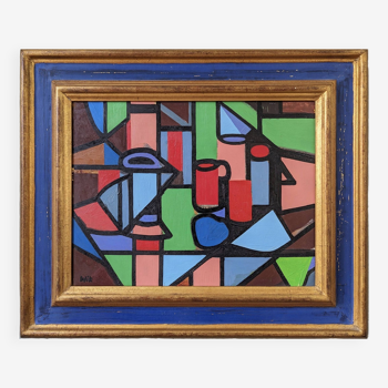 Mid-Century Modern "Geometric Still Life" Vintage Swedish Cubist Still Life Oil Painting, Framed