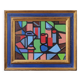 Mid-Century Modern "Geometric Still Life" Vintage Swedish Cubist Still Life Oil Painting, Framed
