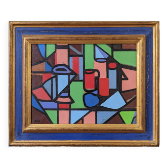 Mid-Century Modern "Geometric Still Life" Vintage Swedish Cubist Still Life Oil Painting, Framed