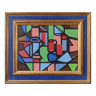 Mid-Century Modern "Geometric Still Life" Vintage Swedish Cubist Still Life Oil Painting, Framed