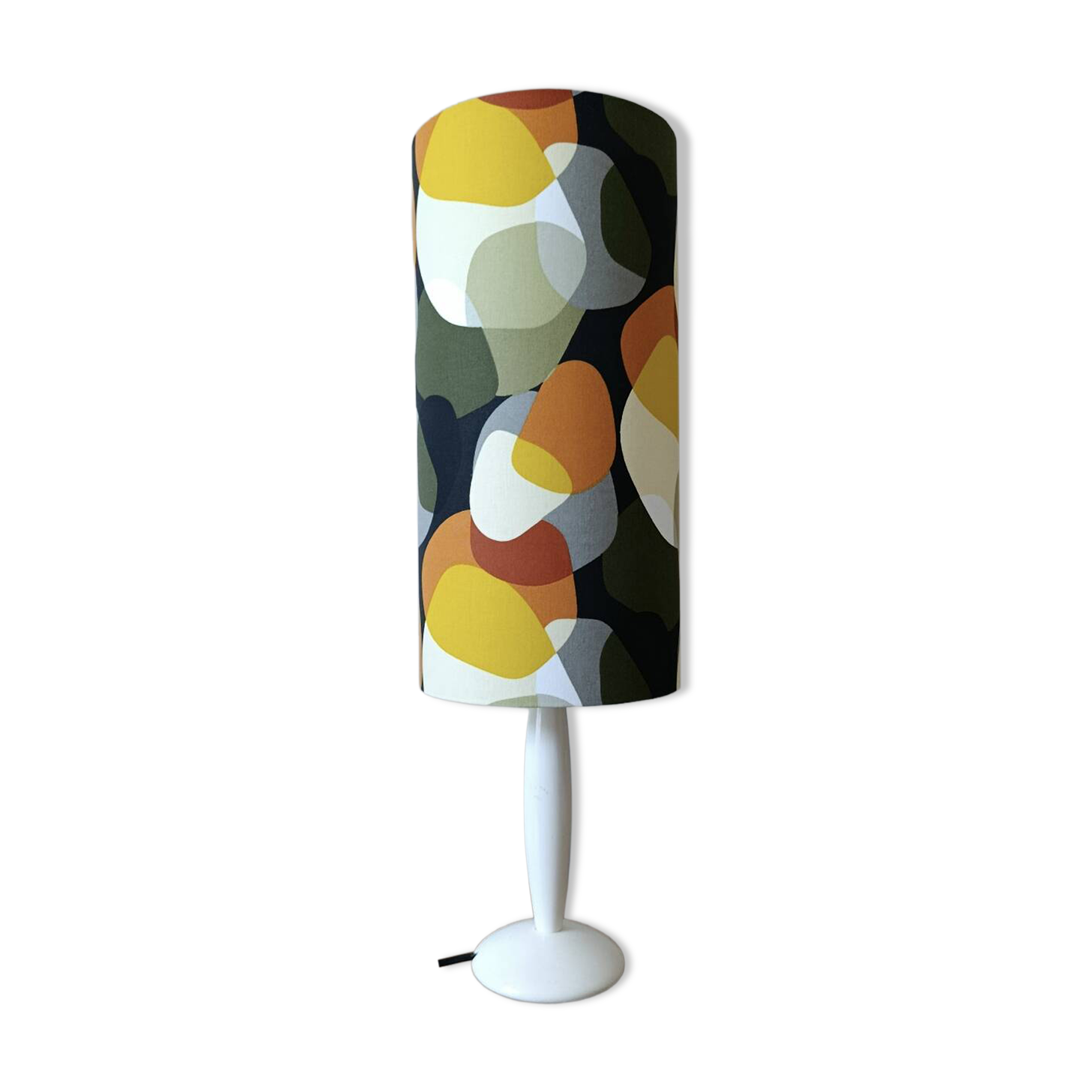 vintage lamp with a white wooden base, multicoloured sixties lampshade