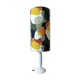 vintage lamp with a white wooden base, multicoloured sixties lampshade