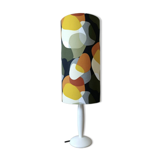 vintage lamp with a white wooden base, multicoloured sixties lampshade