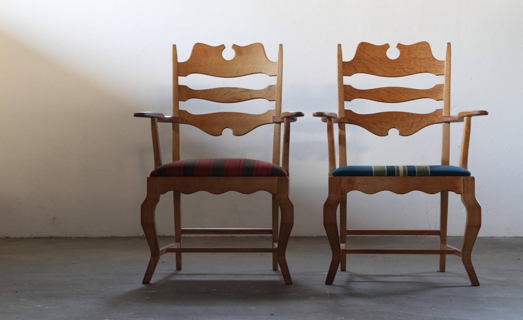Vintage Brutalist Oak Razorblade Green Striped Armchair by H Kjærnulf, 1960