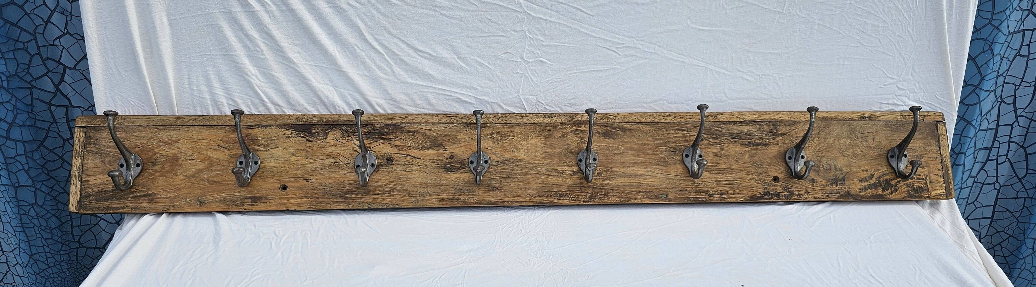 Teak coat rack with 8 double cast iron hooks