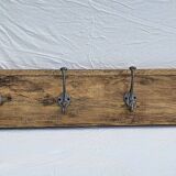 Teak coat rack with 8 double cast iron hooks