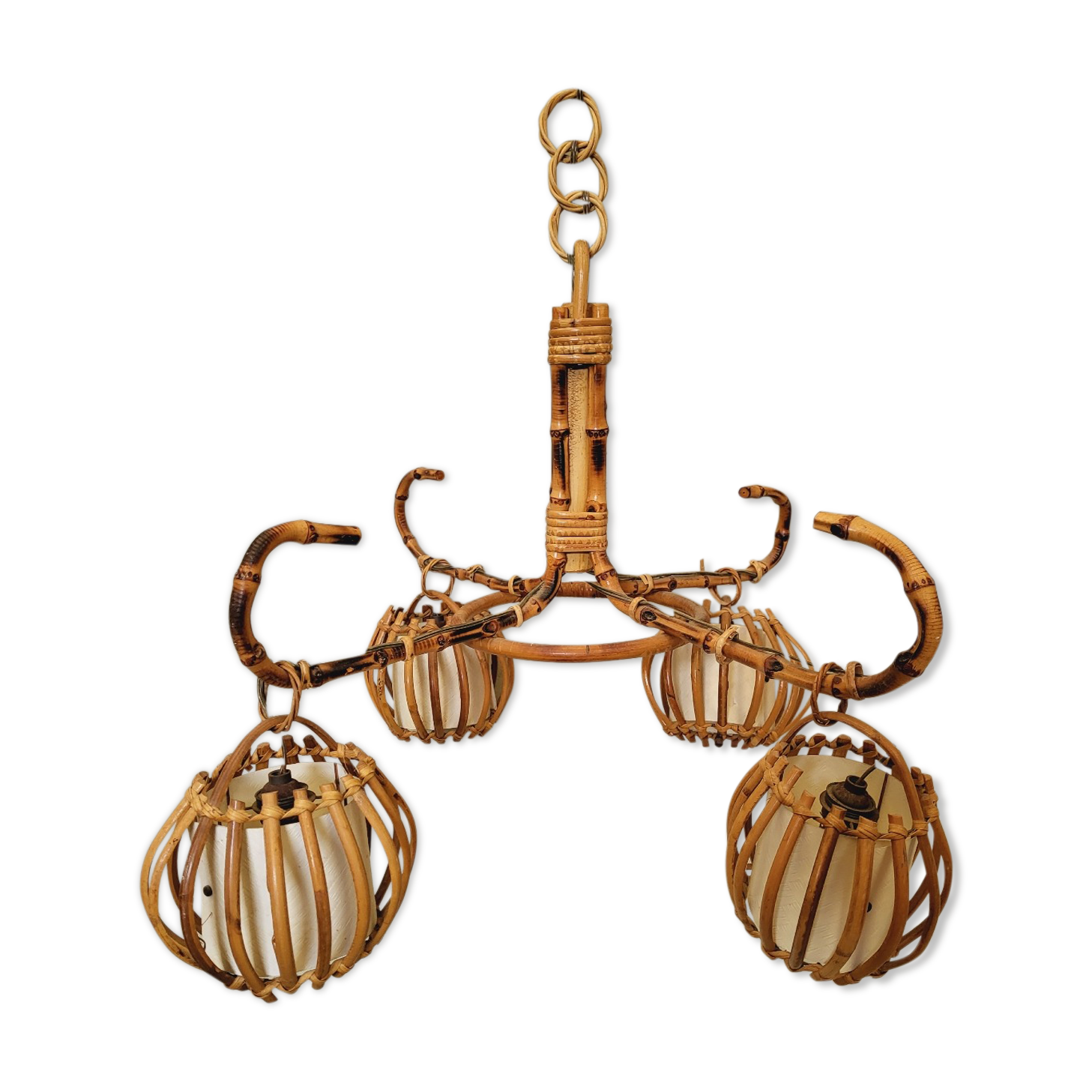 Vintage rattan chandelier 60s 4 branches